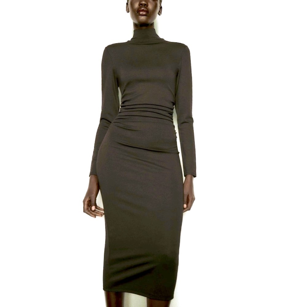 ZARA GREEN RUCHED MIDI DRESS